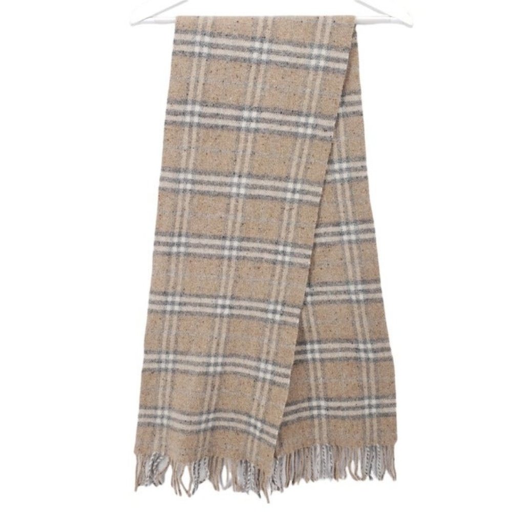 BURBERRY Vintage Merino Wool Cashmere Blend Beige Plaid Check Scarf - Picture 2 of 5